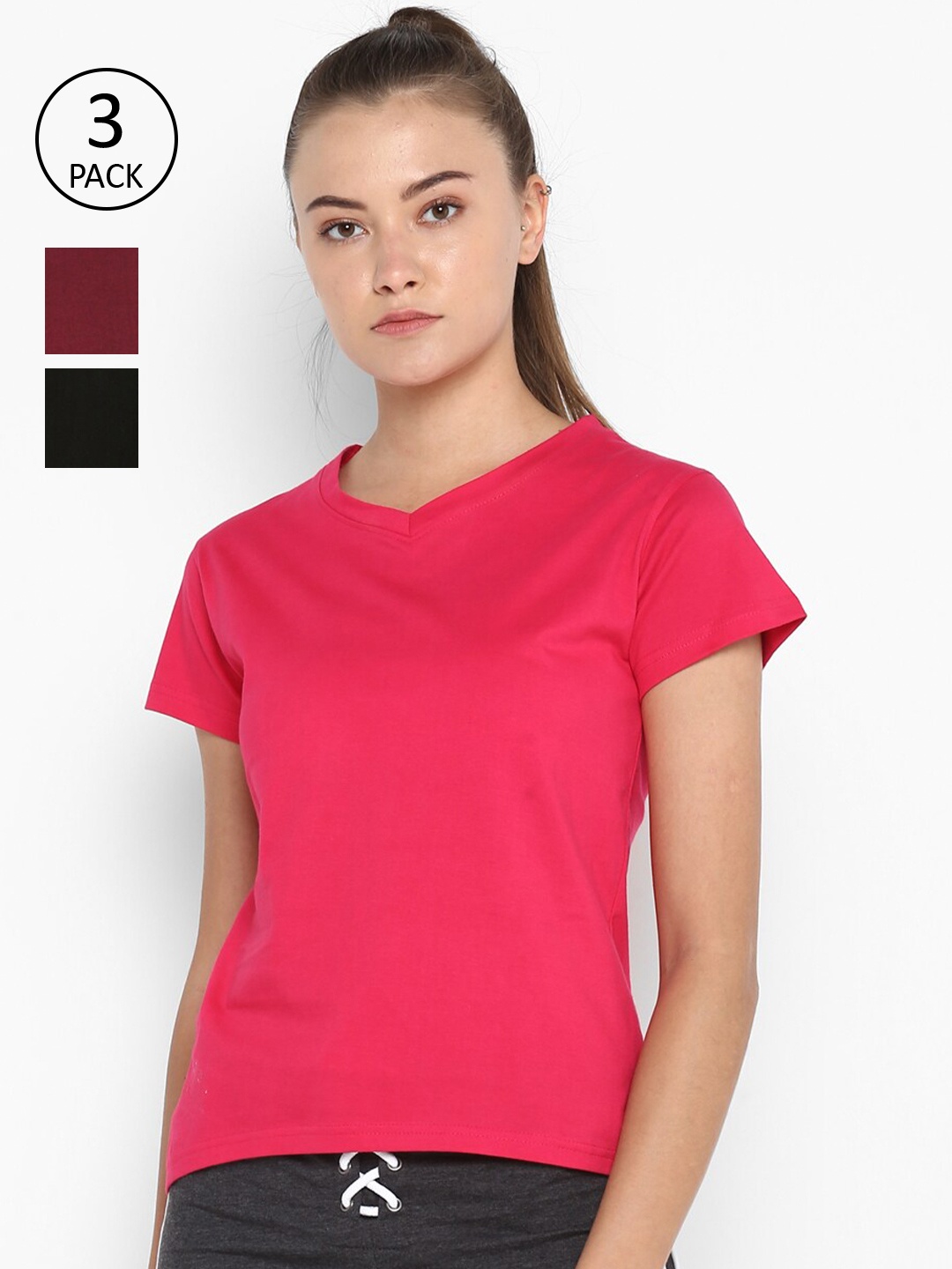 

appulse Women Black Pack of 3 V-Neck Slim Fit Cotton Running T-shirt