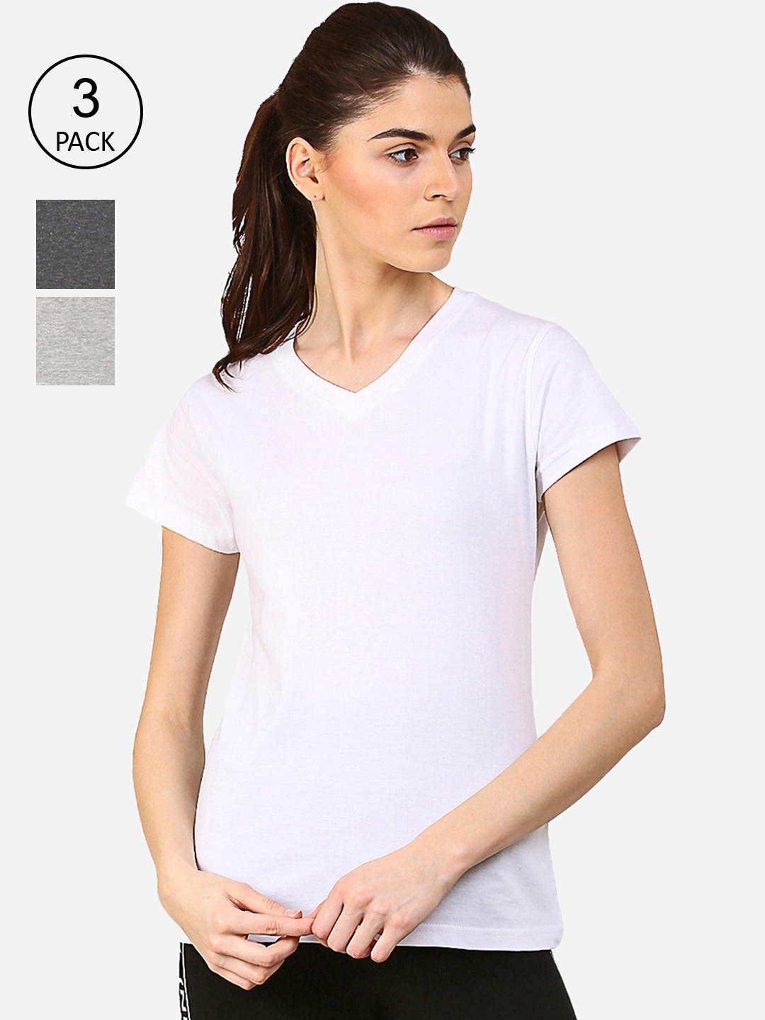 

appulse Women Pack Of 3 White & Grey V-Neck Slim Fit Running T-shirt