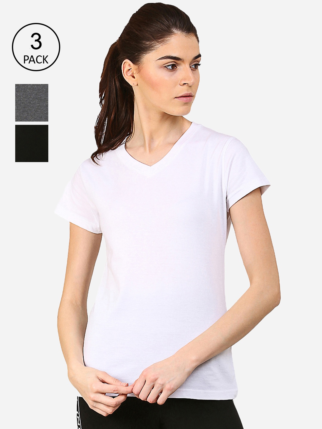 

appulse Women Pack Of 3 White & Grey V-Neck Slim Fit Running T-shirt