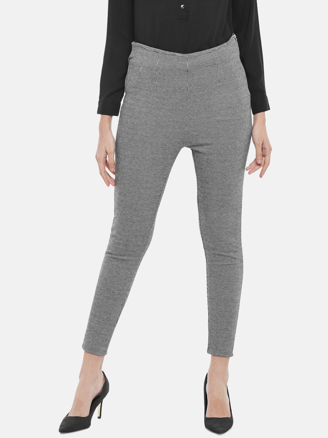 

Annabelle by Pantaloons Women Grey Houndstooth Printed Skinny Fit Treggings