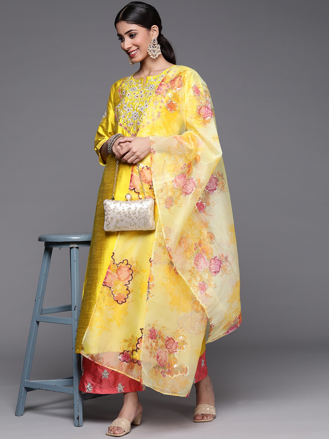 

Varanga Women Mustard Yellow Floral Embroidered Kurta with Trousers & Dupatta