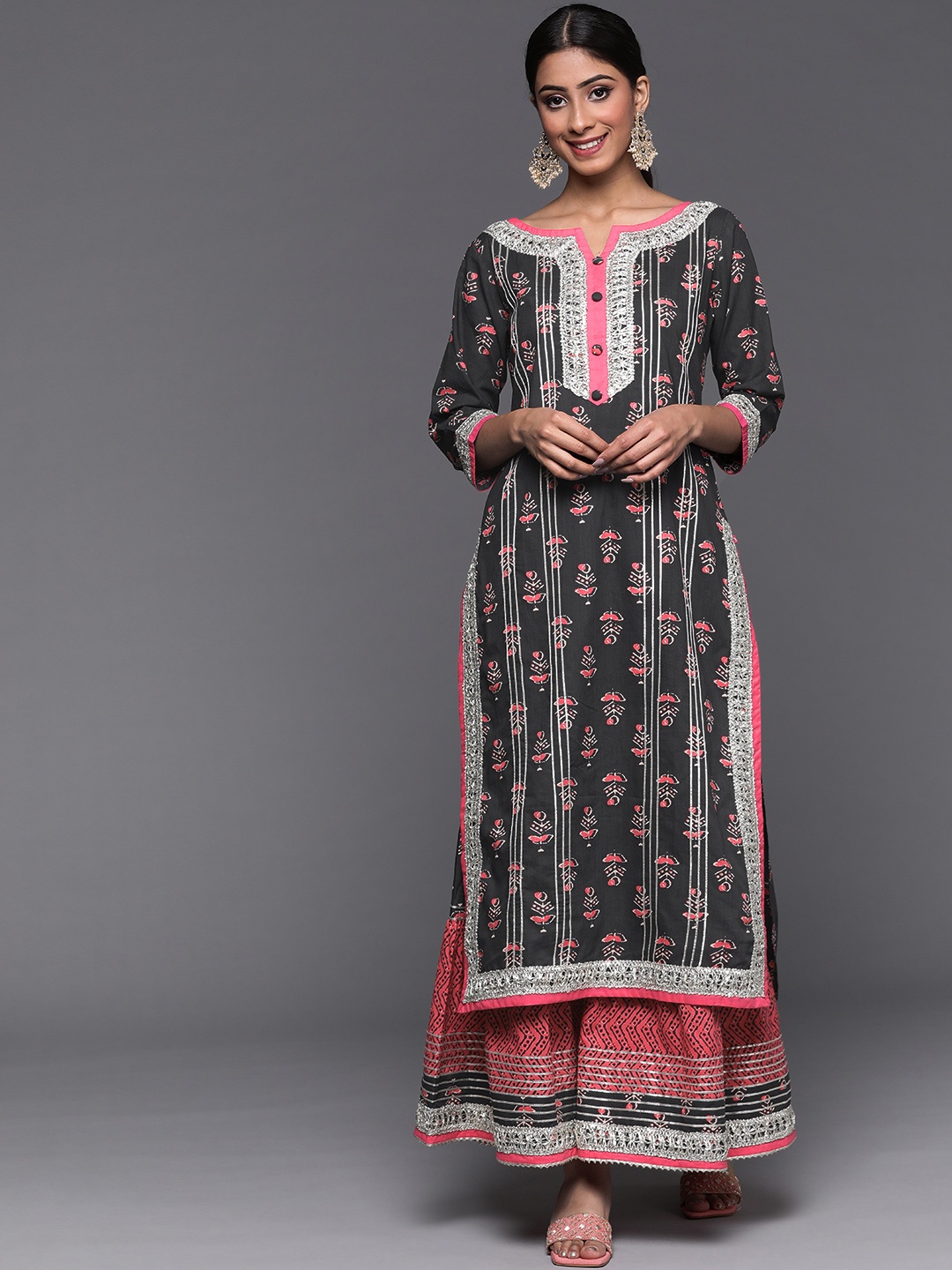 

Varanga Women Grey Ethnic Motifs Printed Kurta with Sharara, Charcoal