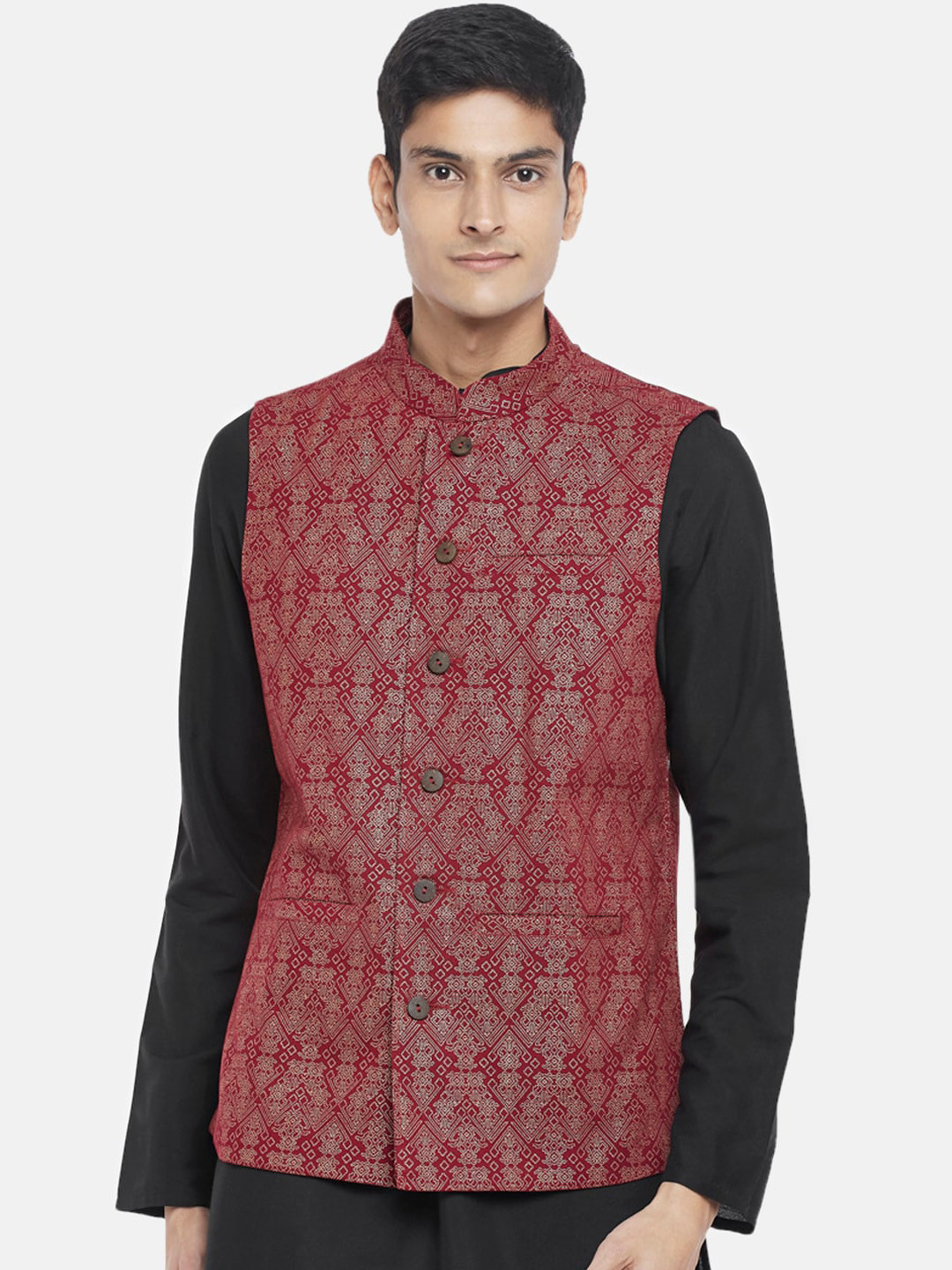 

indus route by Pantaloons Men Maroon & Golden Printed Pure Cotton Woven Waistcoat