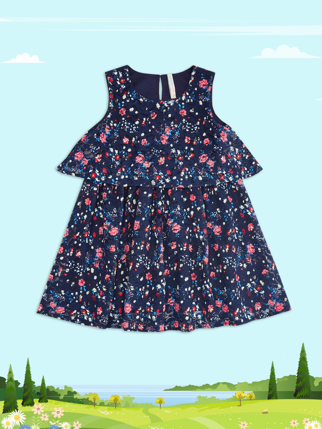 

Pantaloons Junior Navy Blue & Pink Floral Layered A-Line Cotton Dress