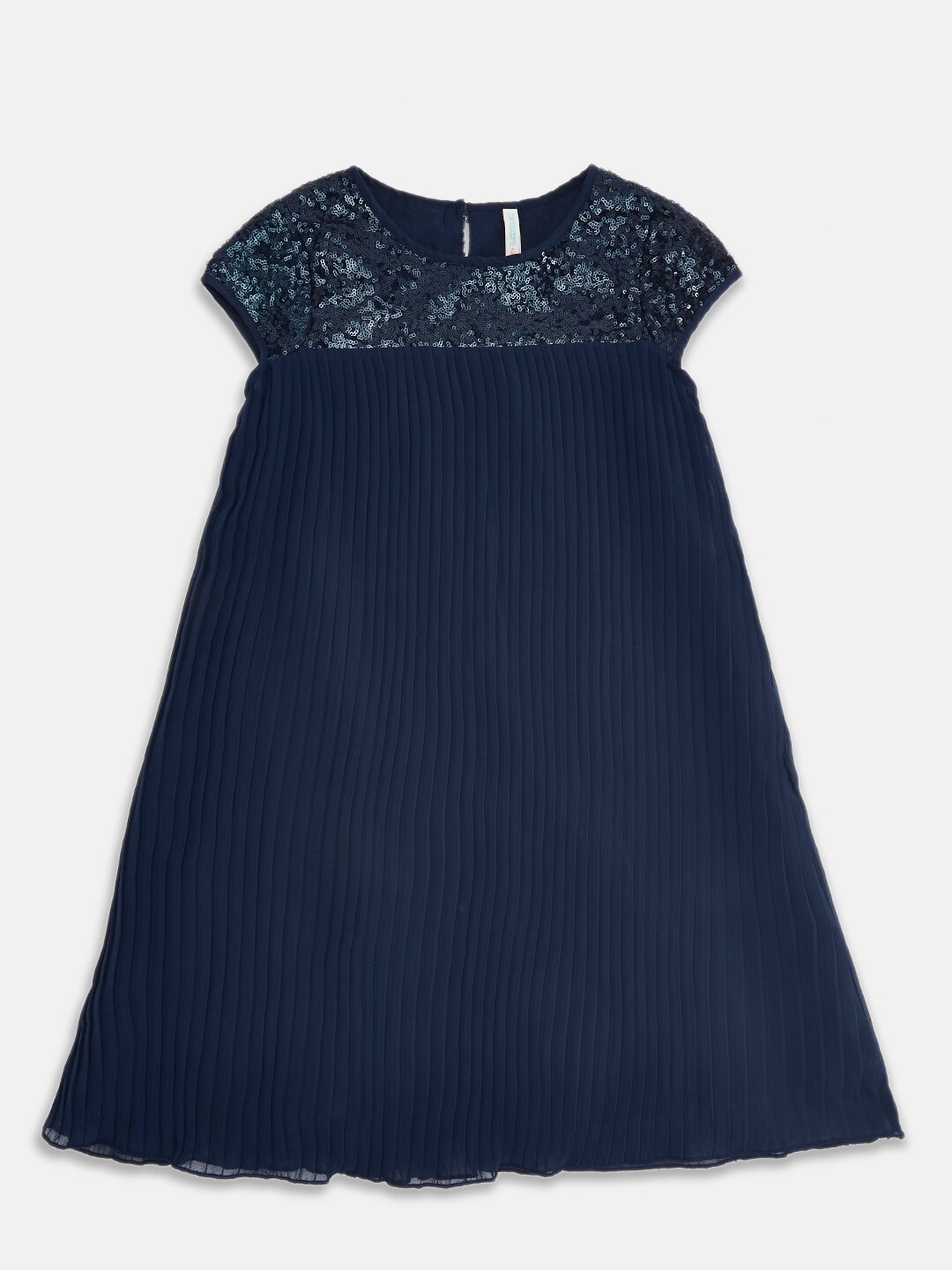 

Pantaloons Junior Navy Blue Sequined Accordion Pleated Georgette A-Line Dress