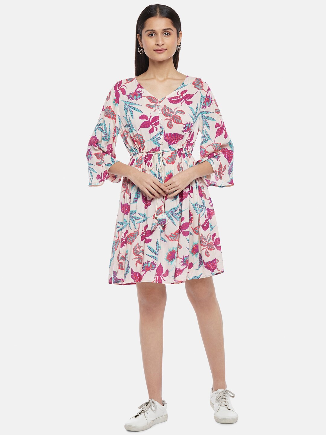 

People White & Pink Floral Crepe Dress