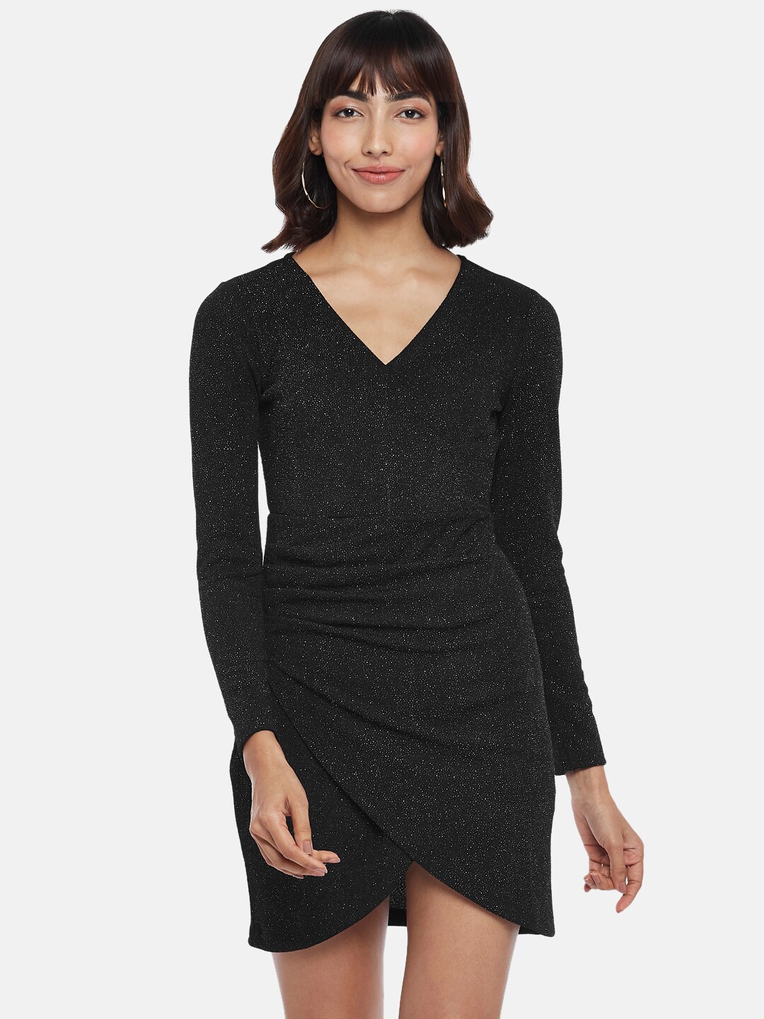 

People Women Black Solid V-neck Wrap Dress