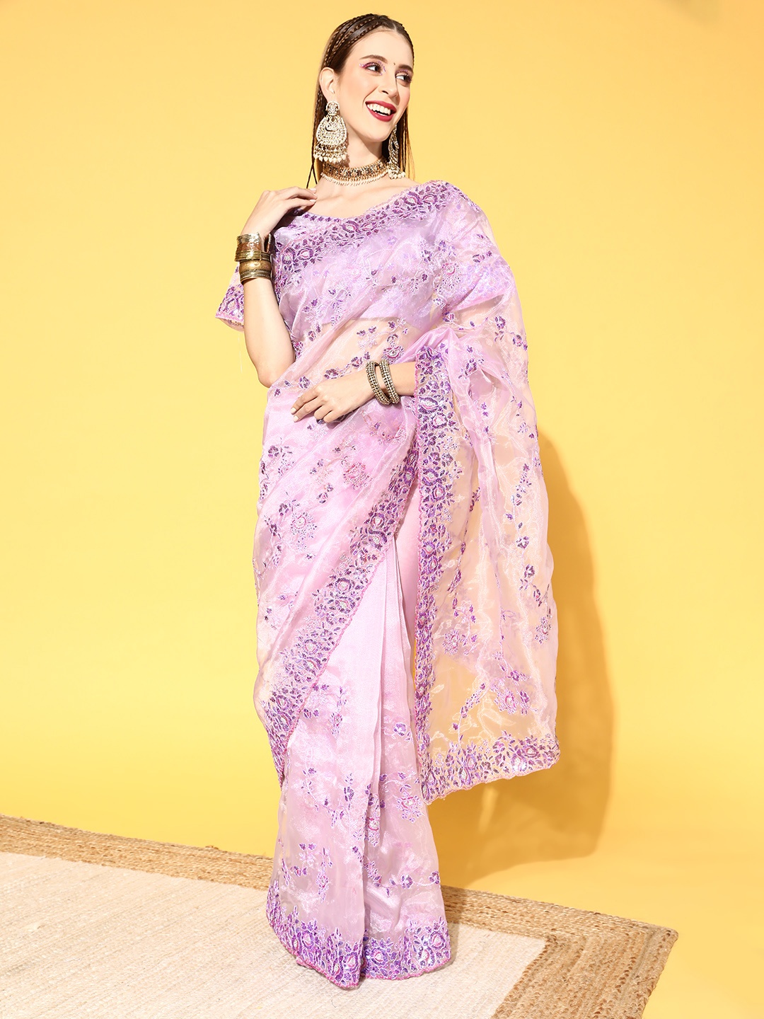 

Mitera Floral Saree with Embroidered Border, Lavender