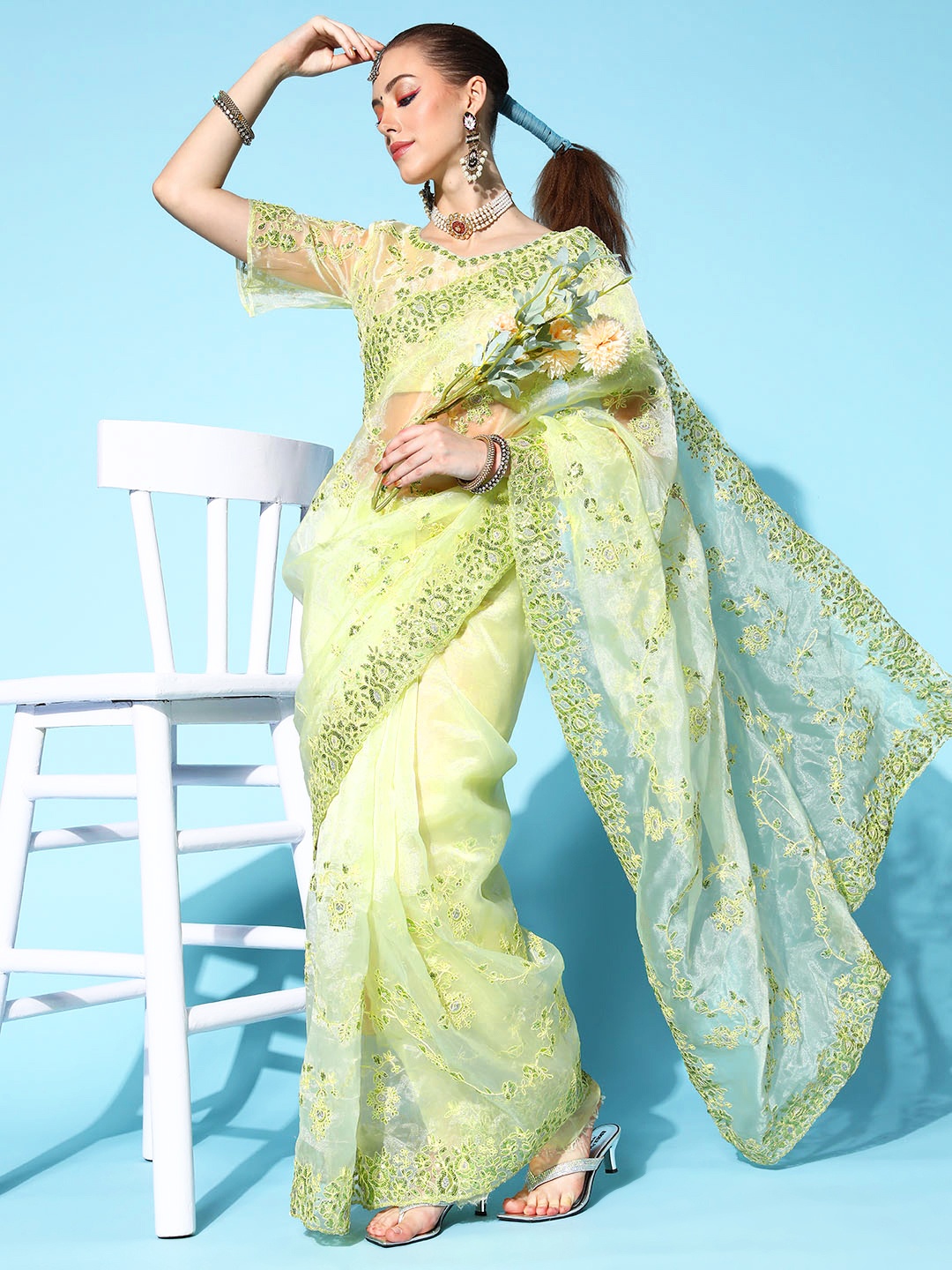

Mitera Floral Saree with Embroidered Border, Lime green