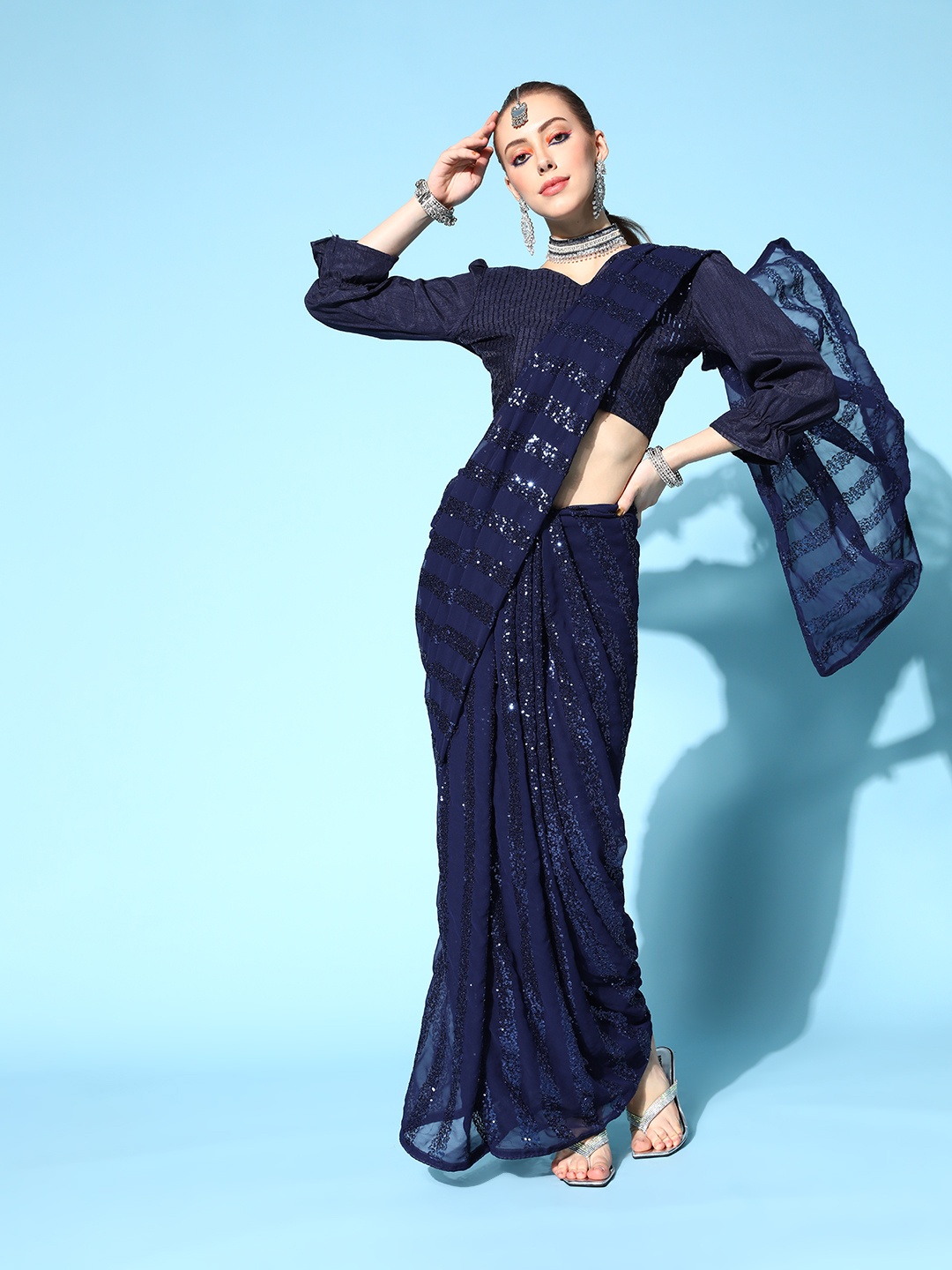 

Mitera Embellished Pure Georgette Saree with Embroidered Border, Navy blue