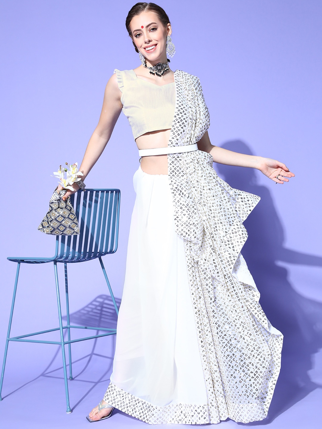 

Mitera Geometric Pure Georgette Saree with Embroidered Border, White
