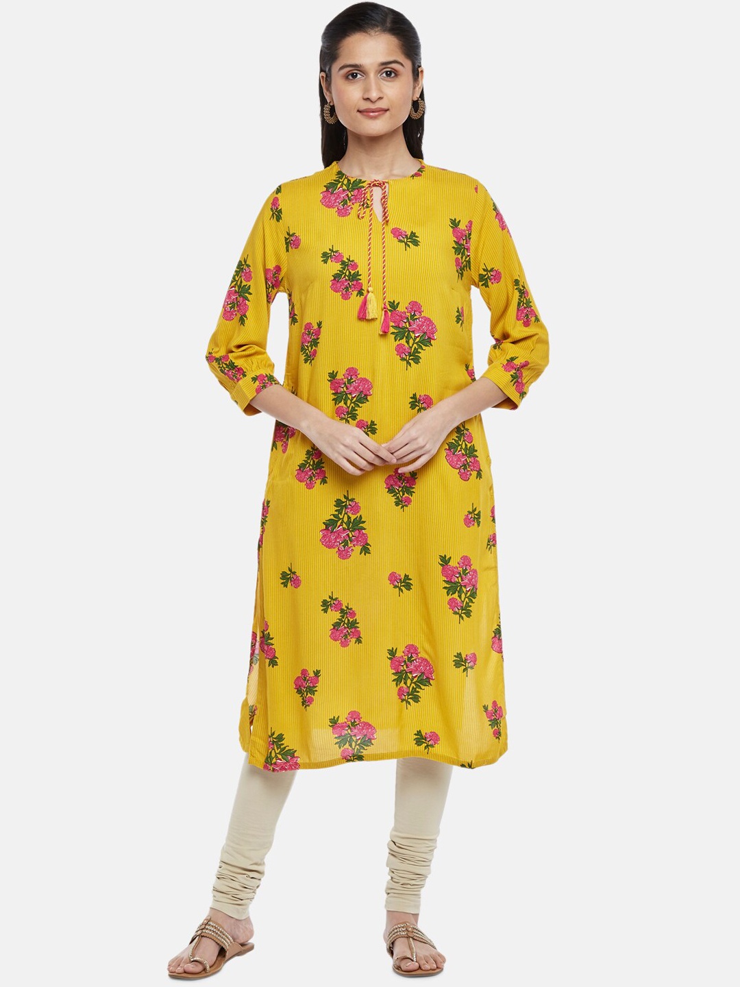 

RANGMANCH BY PANTALOONS Women Mustard Yellow & Pink Floral Printed Kurta