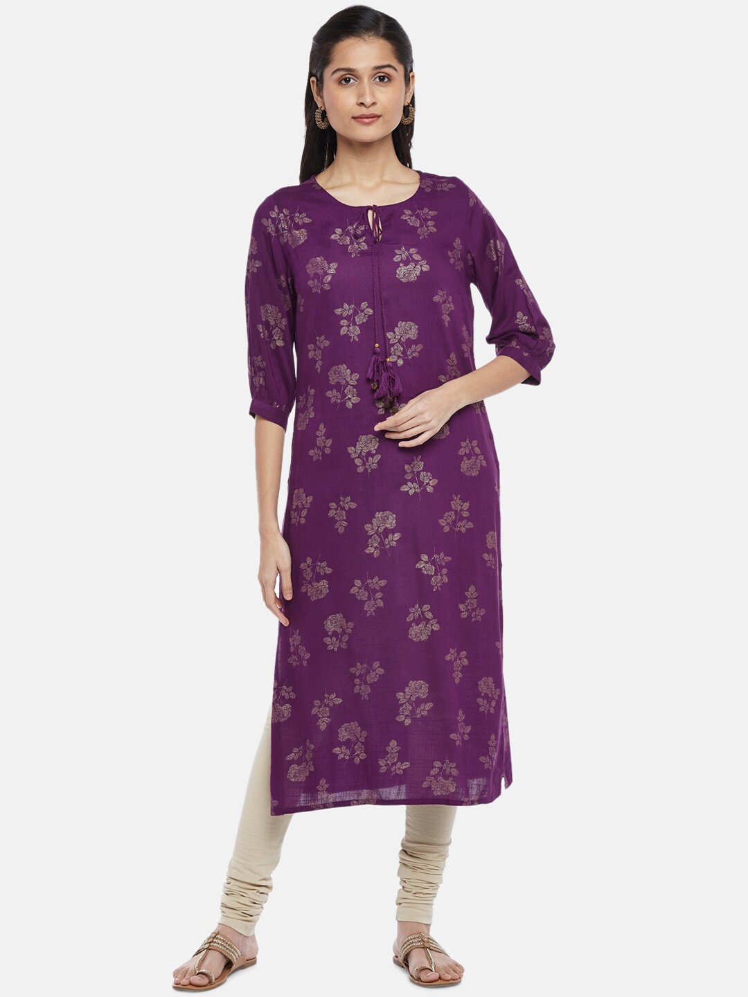 

RANGMANCH BY PANTALOONS Women Purple Floral Printed Keyhole Neck Kurta