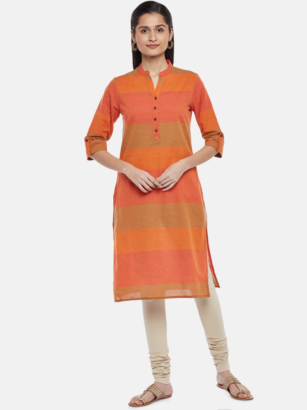 

RANGMANCH BY PANTALOONS Mustard Yellow Striped Cotton Roll Up Sleeves Kurta