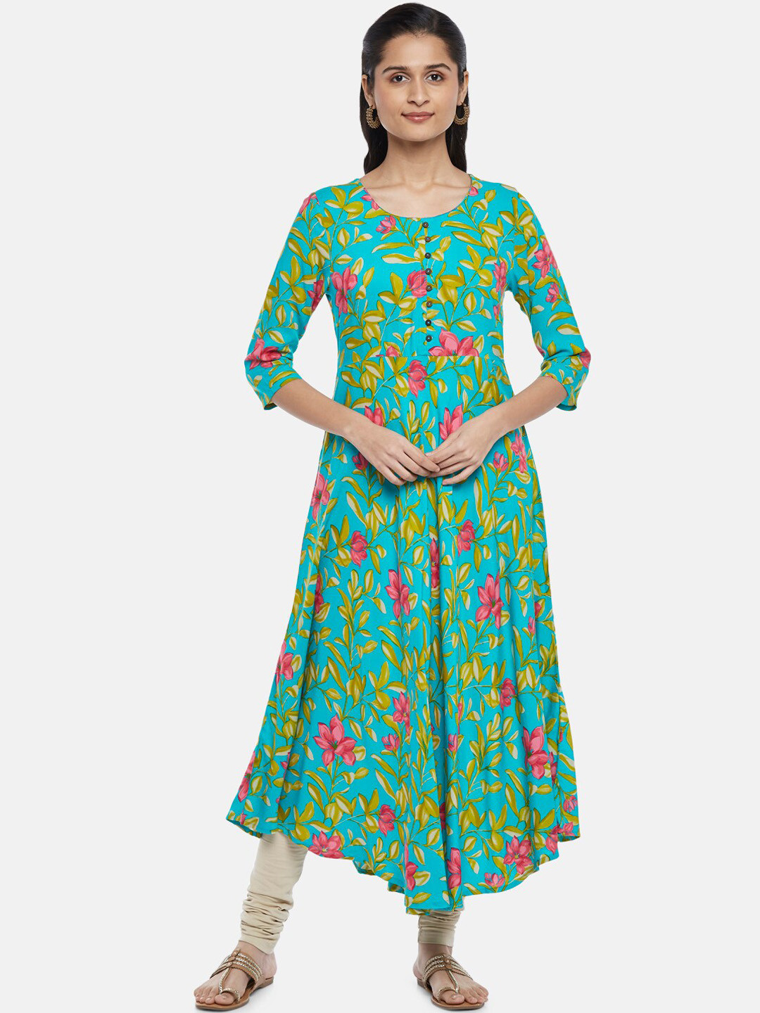 

RANGMANCH BY PANTALOONS Women Blue & Pink Floral Printed Asymmetric Anarkali Kurta
