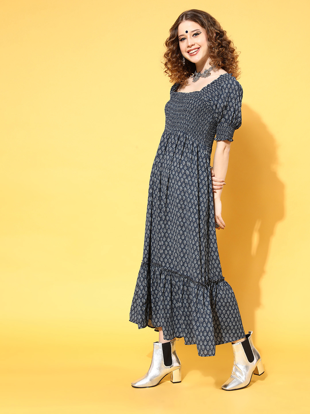 

Libas Women Deep Navy Blue Floral Motifs Volume Play Dress