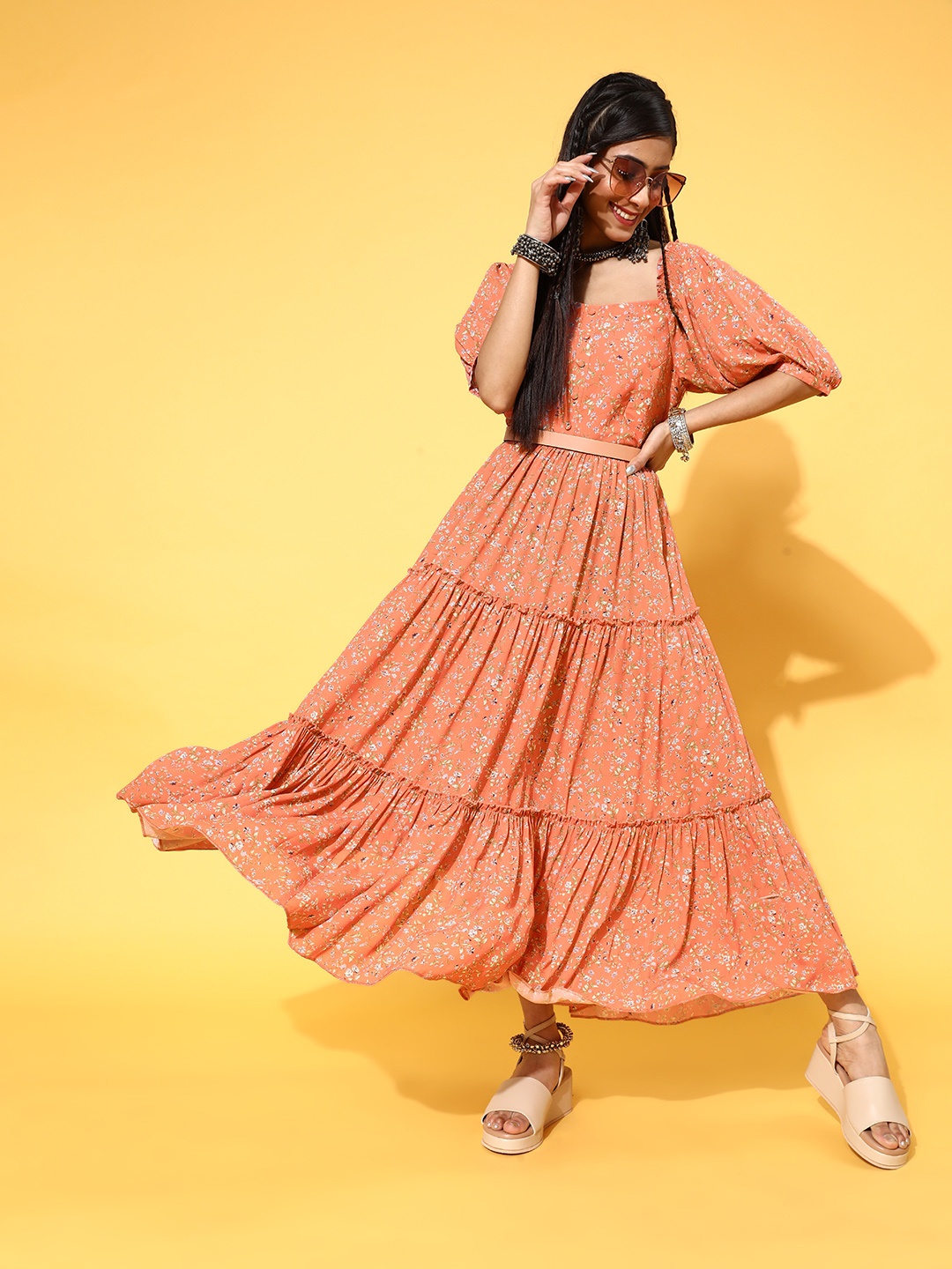 

Libas Women Attractive Peach Floral Feminine Frills Dress