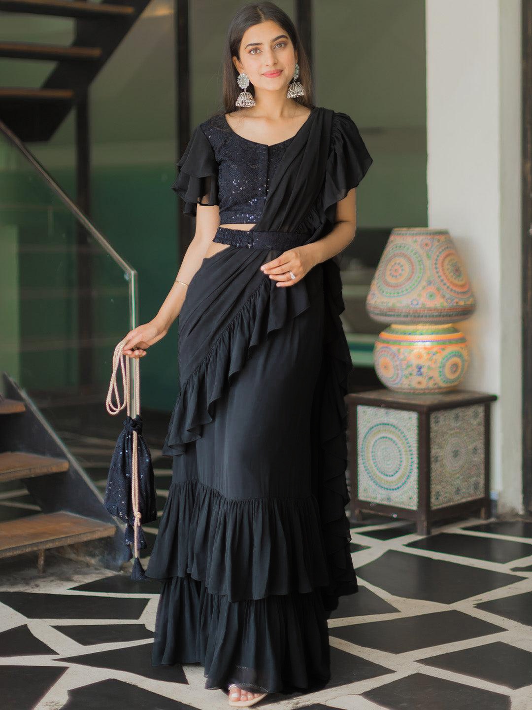 

Libas Solid Georgette Saree with Embellished blouse, Black