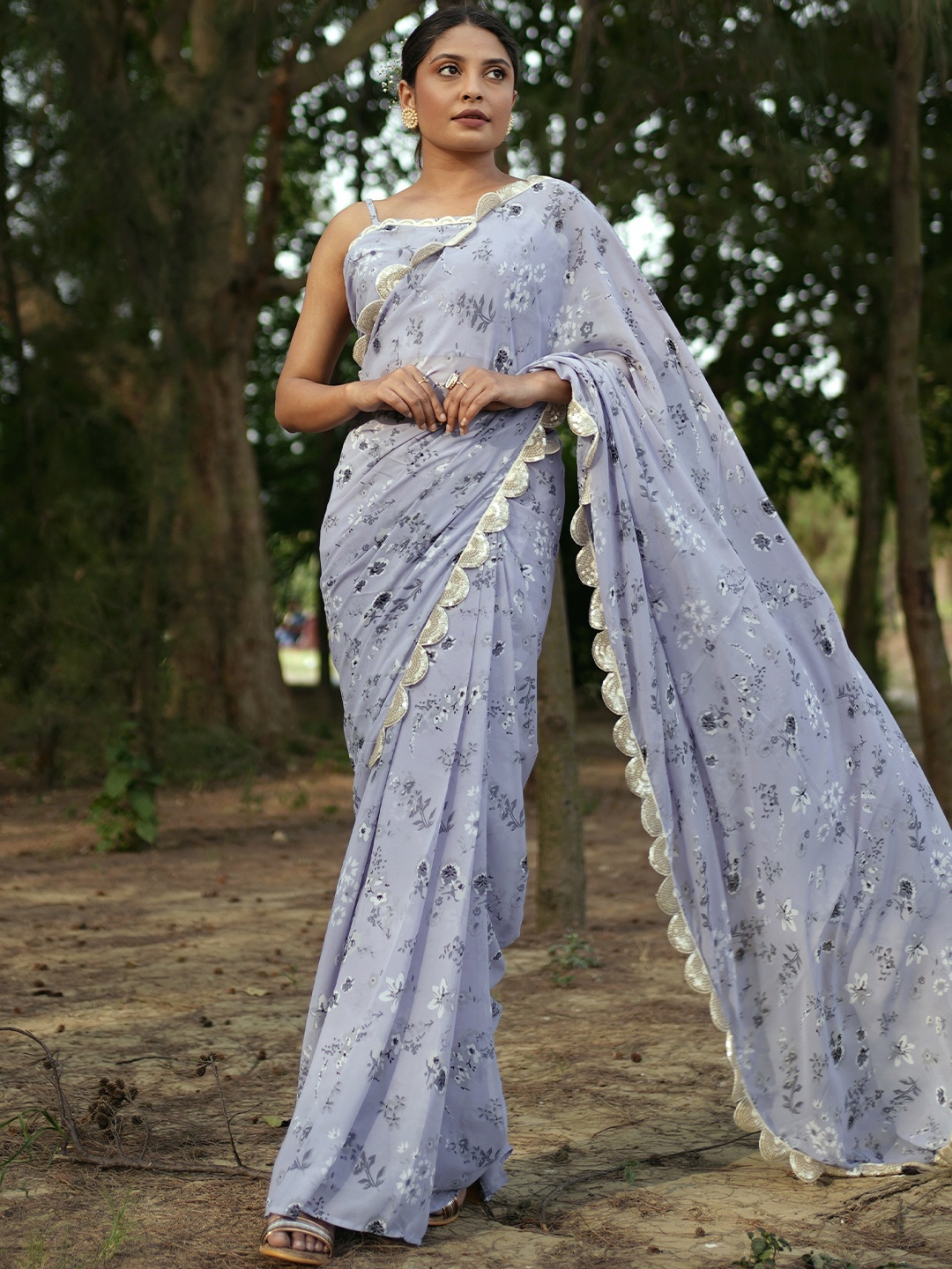

Libas Lavender & Grey Floral Sequinned Pure Georgette Ready to Wear Saree