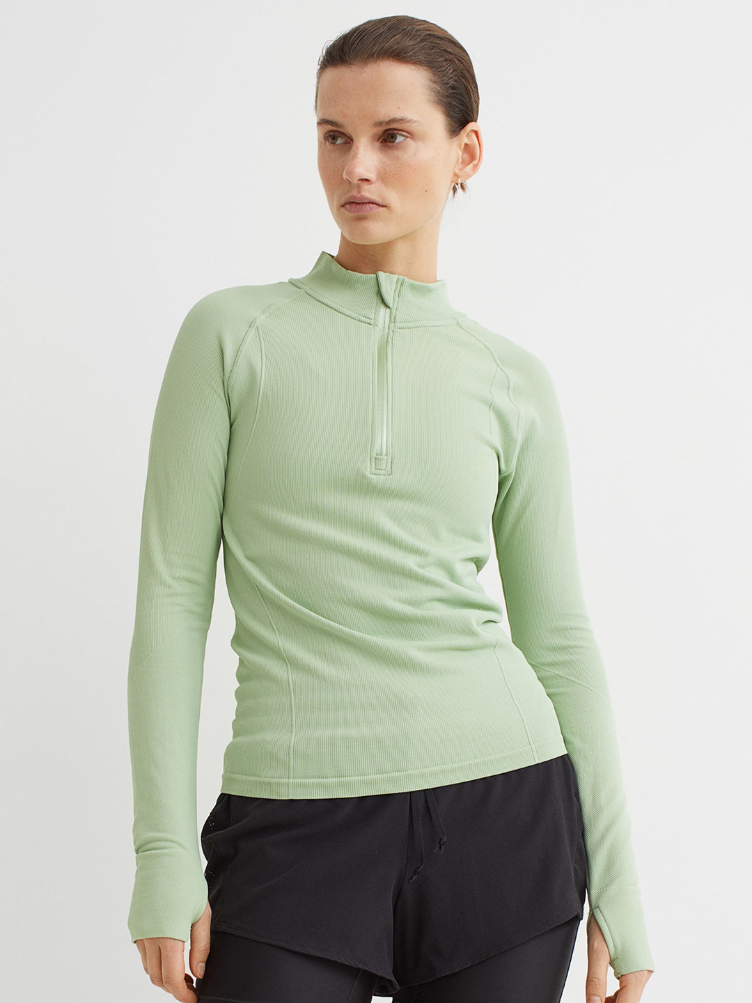 

H&M Women Green Ribbed Seamless Sports Top