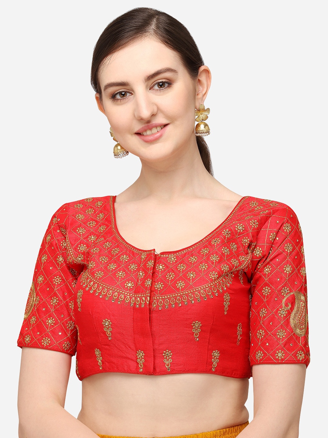 

Mesmore Women Red & Golden Embroidered Silk Saree Blouse