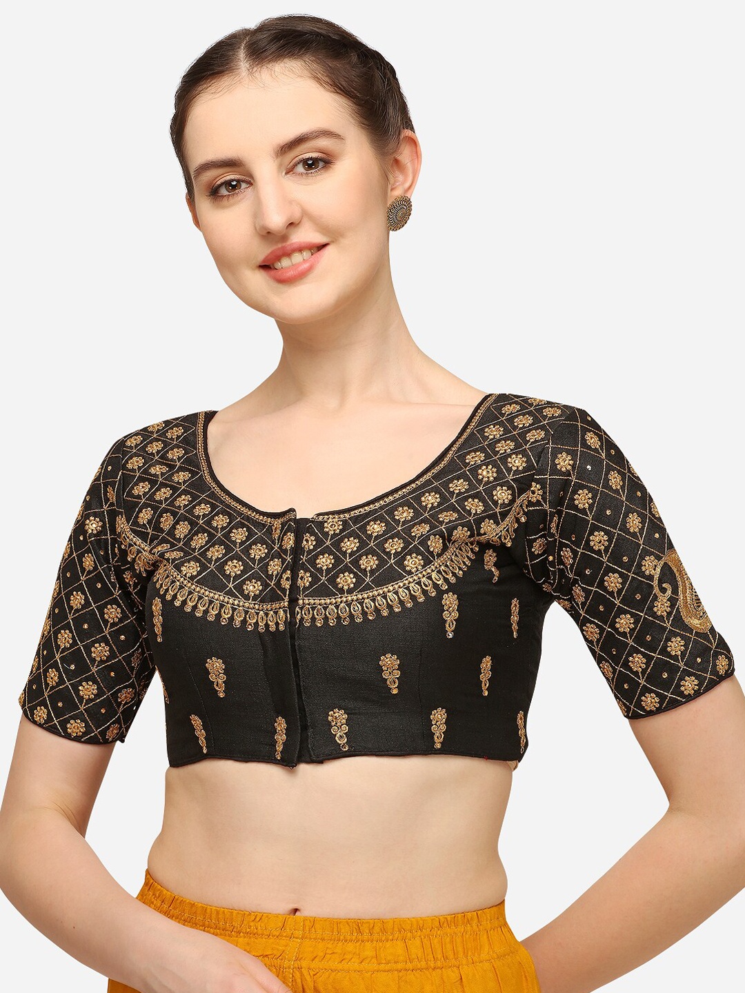 

Mesmore Women Black & Gold-Coloured Embroidered Silk Saree Blouse