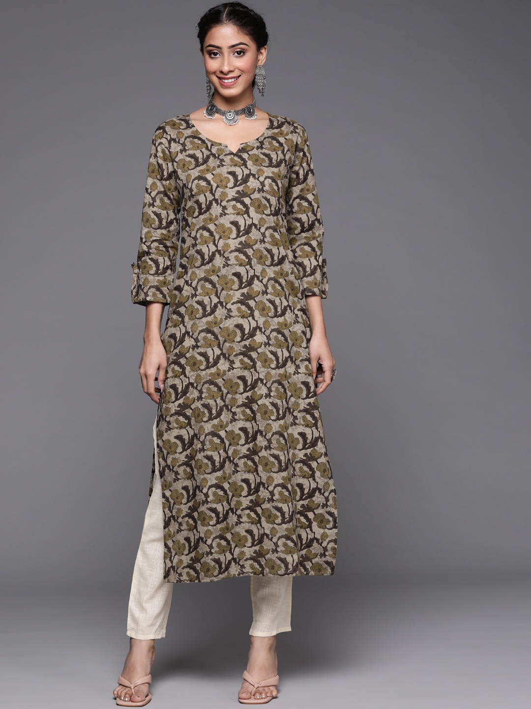 

KSUT Women Olive Green & Taupe Ethnic Motifs Printed Pure Cotton Kurta