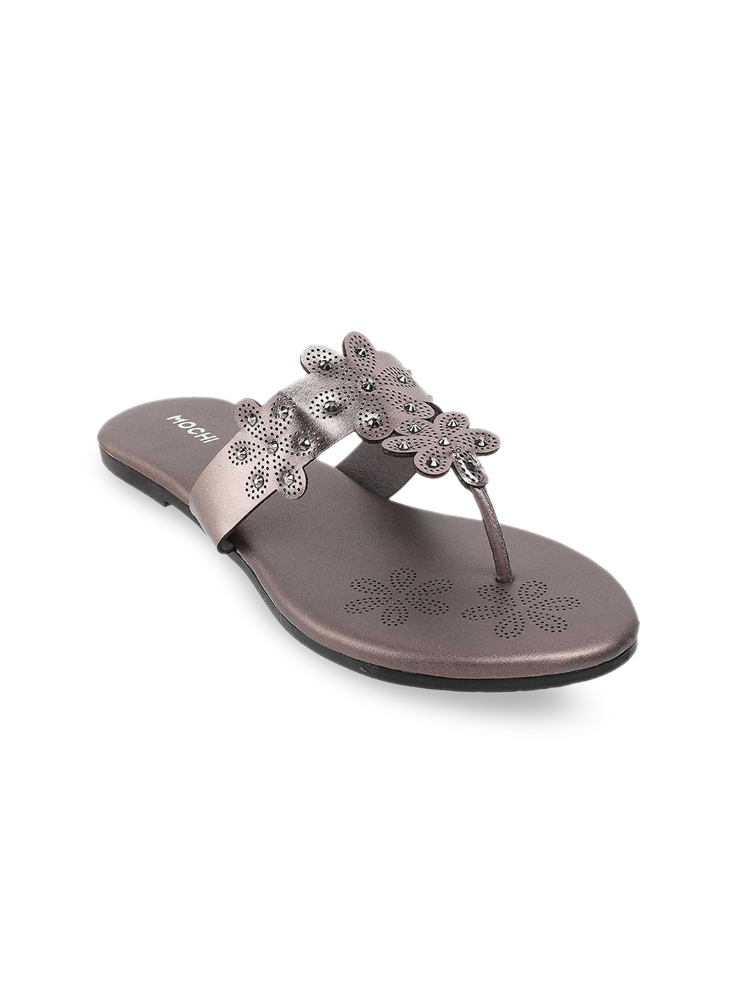 

Mochi Women Grey Embellished Leather Ethnic T-Strap Flats