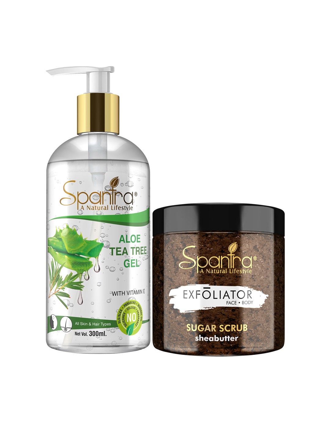 

Spantra Set of 2 Sugar Shea Butter Scrub with Aloe Tea Tree Soothing Gel, Brown