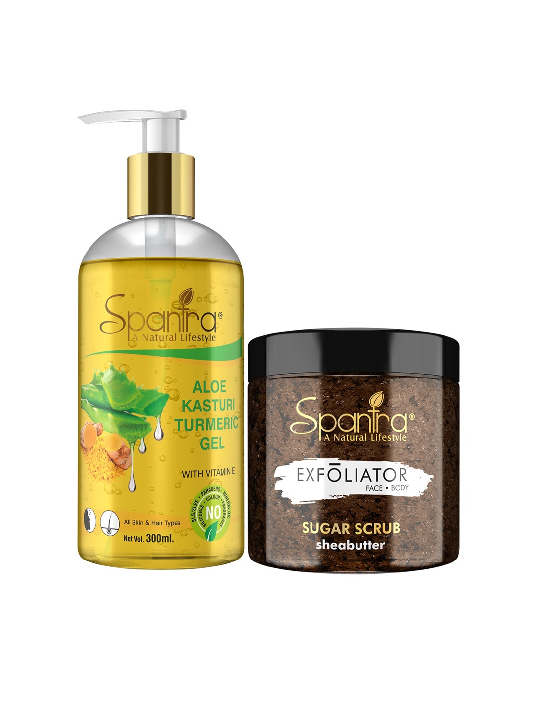 

Spantra Set Of 2 Brown Sugar Shea Butter Exfoliating Scrub & Kasturi Turmeric Soothing Gel