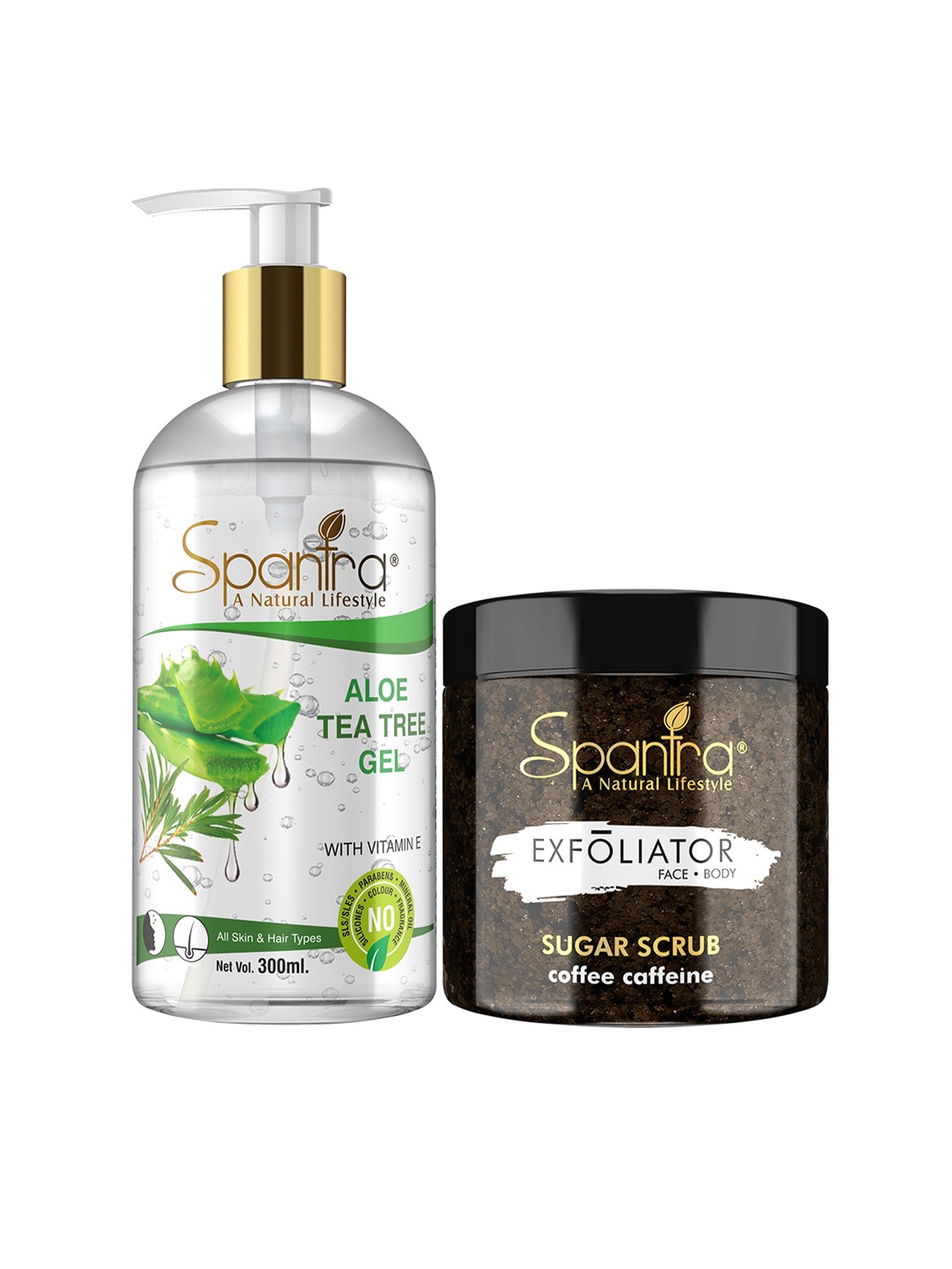 

Spantra Set of 2 Sugar Coffee Caffiene Exfoliating Scrub & Aloe Tea Tree Soothing Gel, Brown
