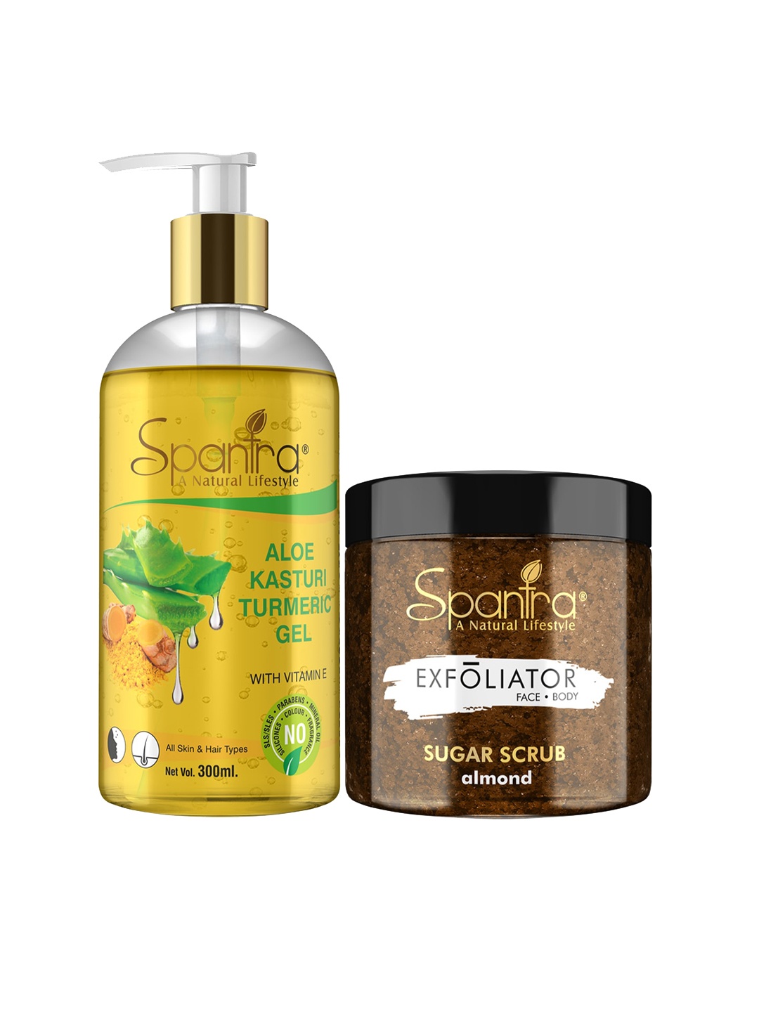 

Spantra Pack of 2 Sugar Almond Exfoliating Scrub & Kasturi Turmeric Soothing Gel, Brown