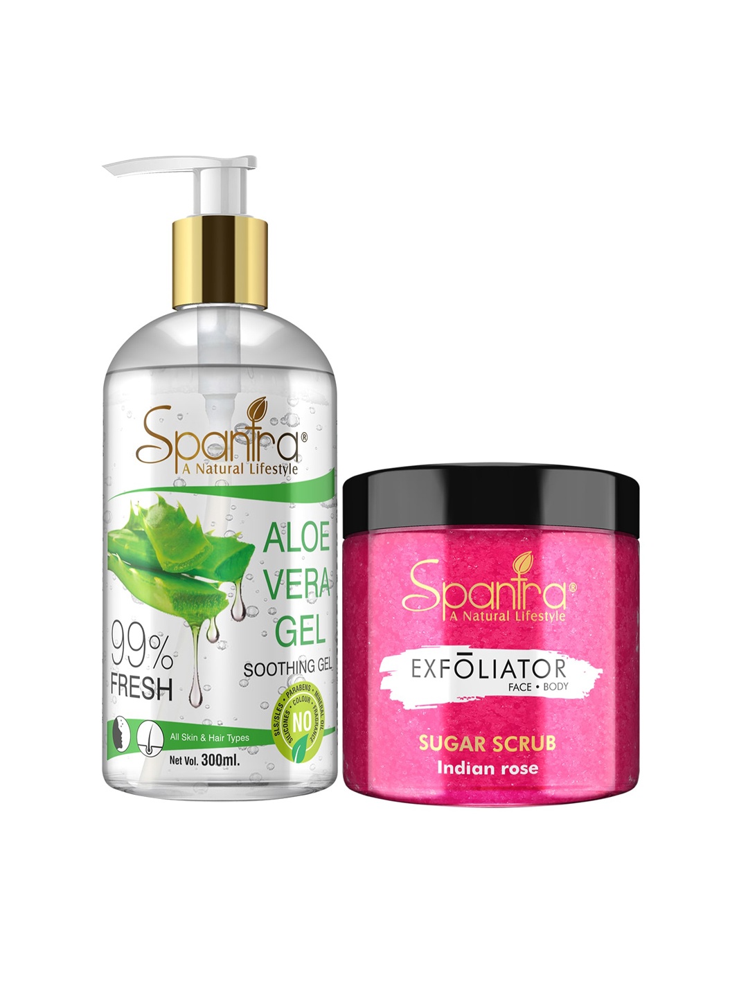 

Spantra Pack of 2 Sugar Indian Rose Exfoliating Scrub & Aloe Vera Soothing Gel, Pink