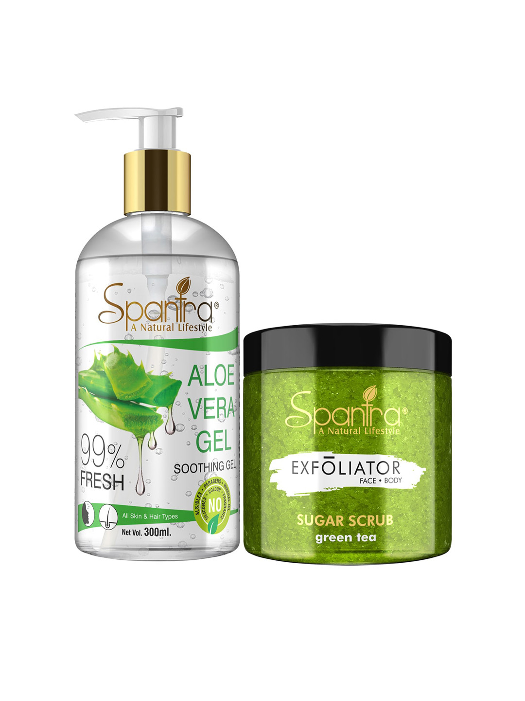 

Spantra Pack of 2 Sugar Green Tea Exfoliating Scrub & Aloe Vera Soothing Gel