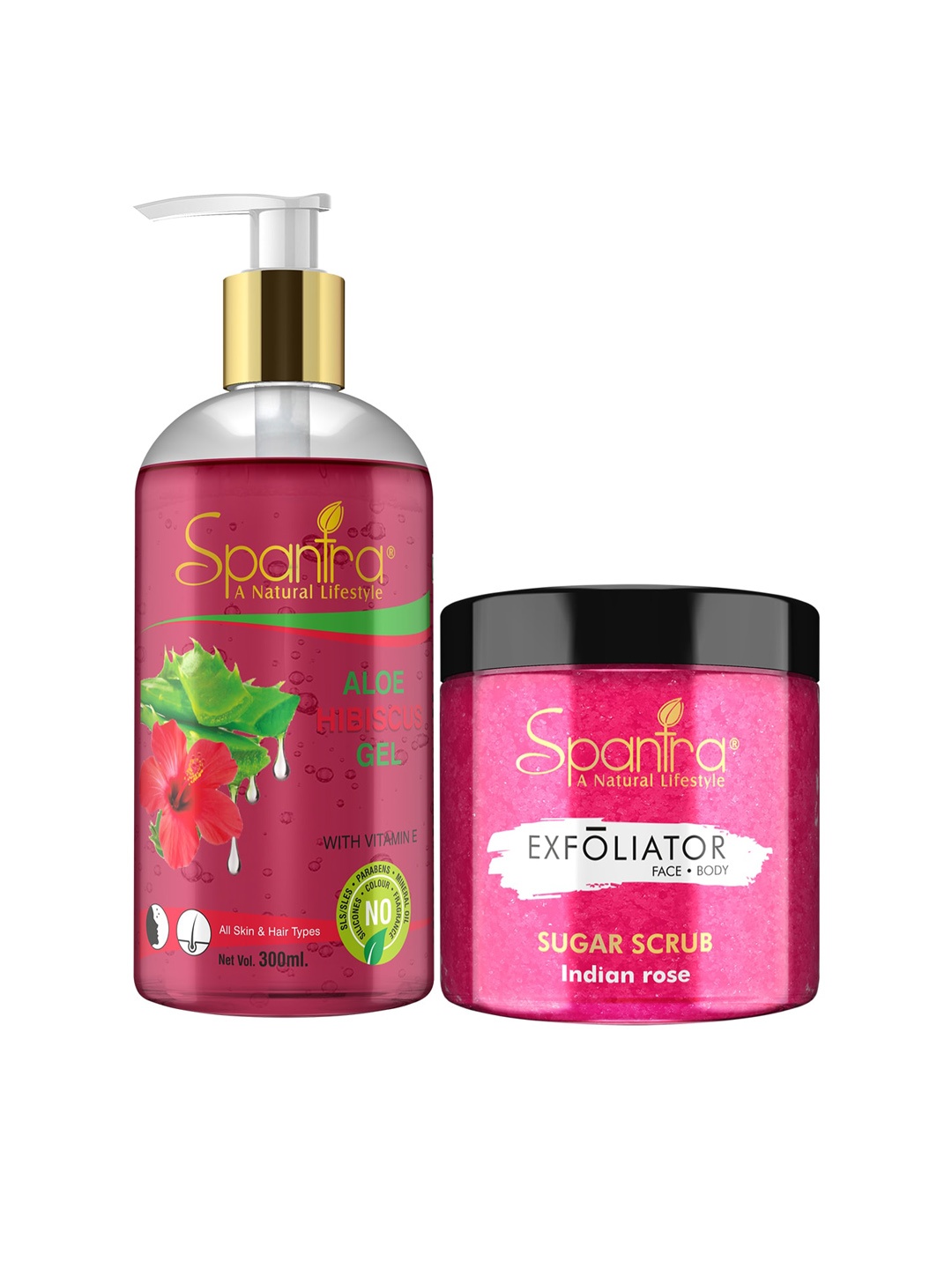 

Spantra Set of 2 Sugar Indian Rose Exfoliating Scrub and Hibiscus Soothing Gel, Pink