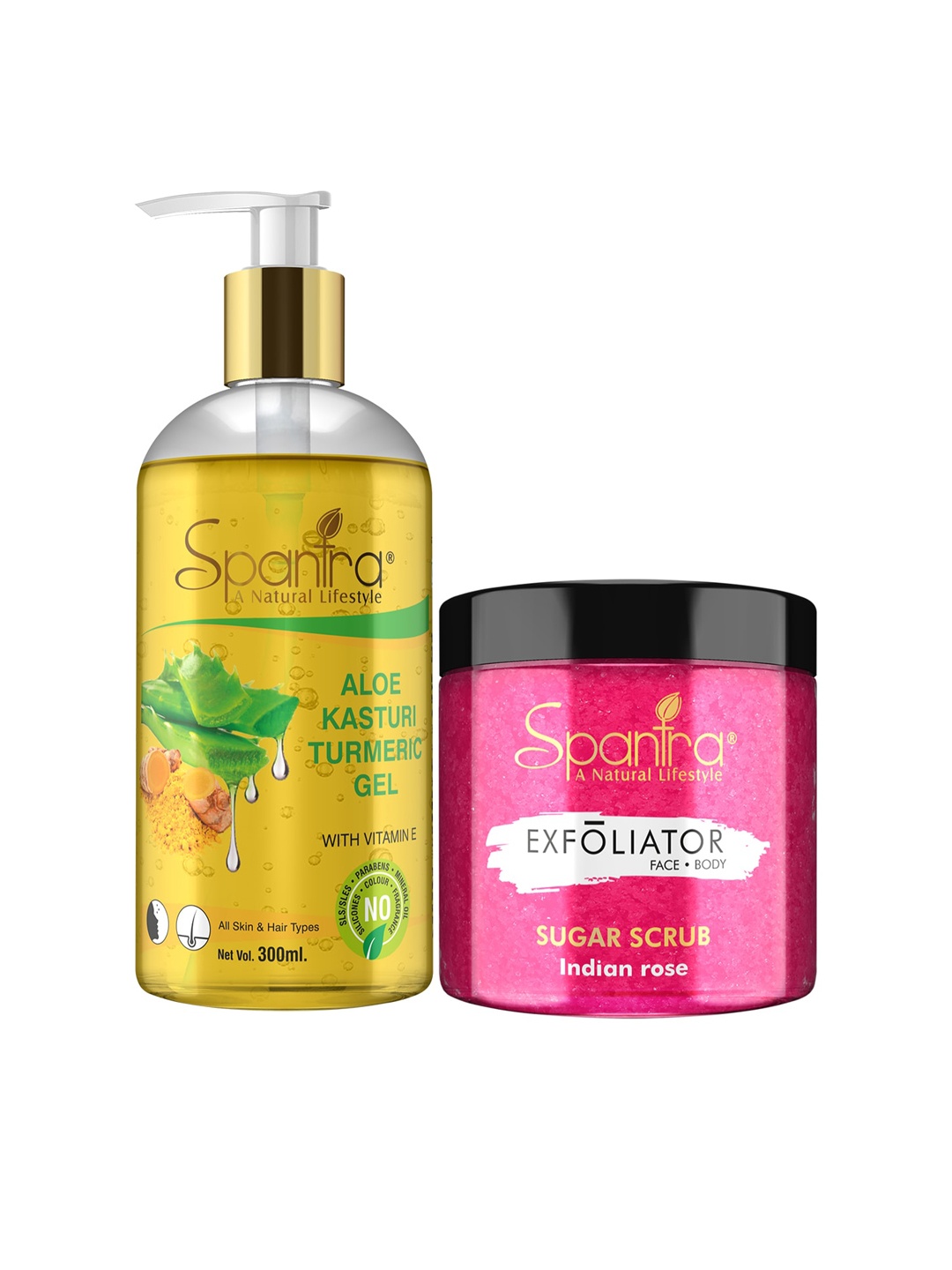 

Spantra Set Of 2 Sugar Indian Rose Exfoliating Scrub With Kasturi Turmeric Soothing Gel, Pink