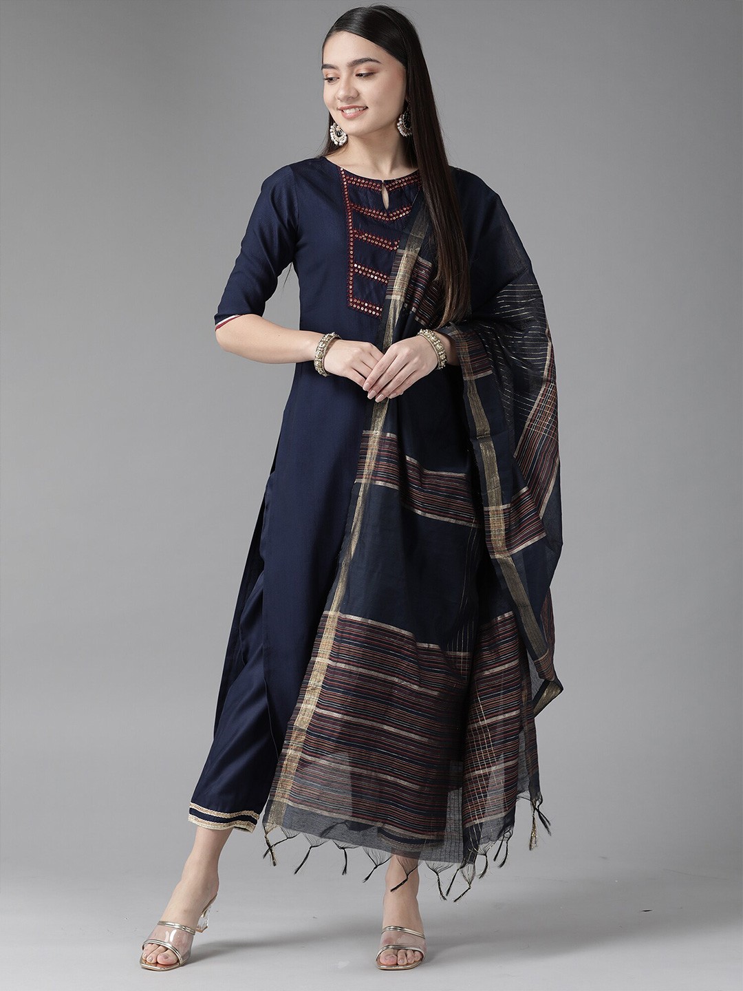 

Indo Era Navy Blue Woven Design Dupatta with Zari
