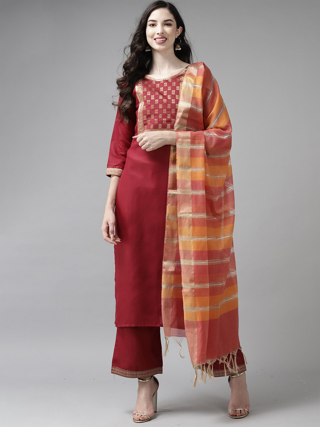 

Indo Era Red & Orange Striped Art Silk Dupatta