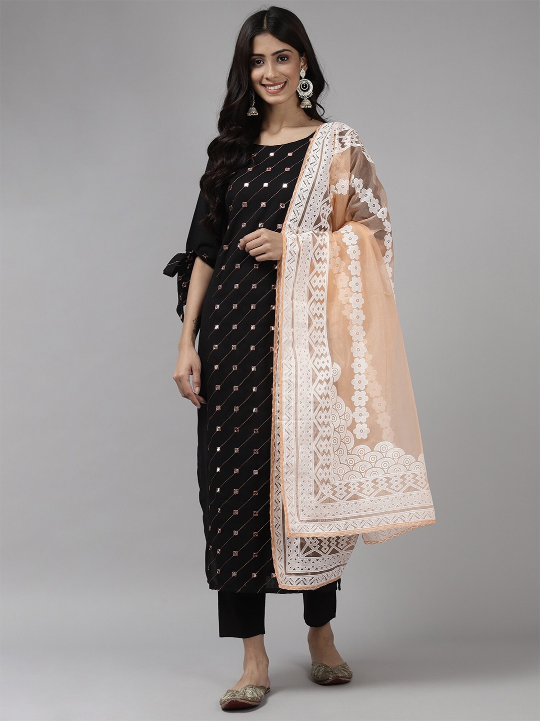 

Indo Era Women Peach Floral Print Organza Dupatta