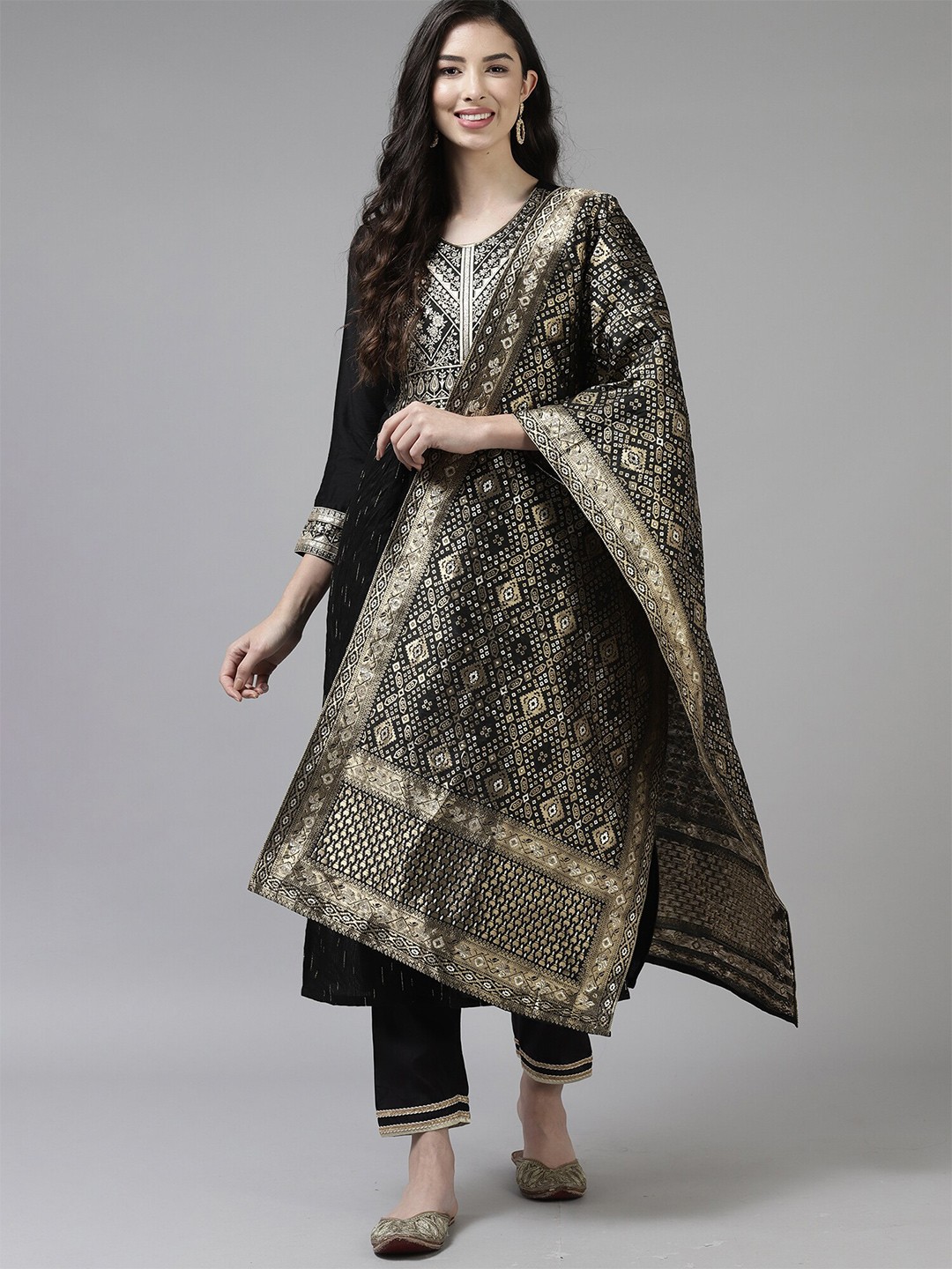 

Indo Era Black Ethnic Motifs Woven Design Dupatta with Zari