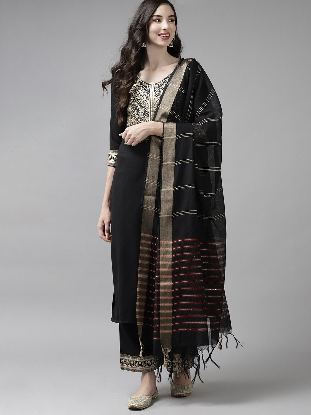 

Indo Era Women Black Embellished Striped Woven Design Silk Blend Fringed Dupatta