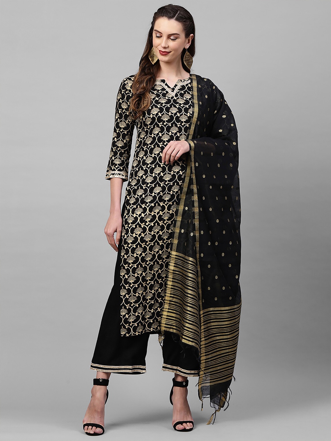 

Indo Era Black & Gold-Toned Ethnic Motifs Woven Design Organza Dupatta
