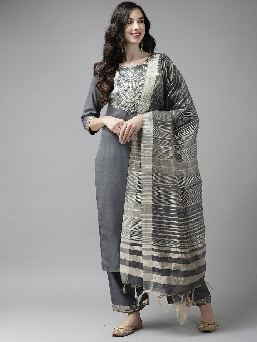 

Indo Era Grey & Cream-Coloured Striped Art Silk Dupatta with Zari