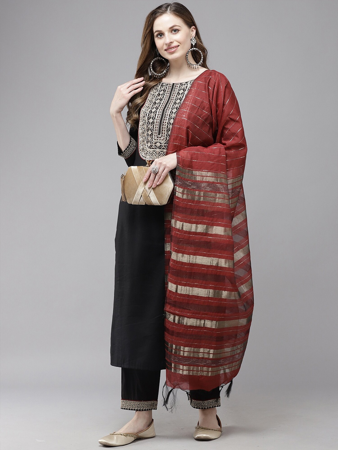 

Indo Era Maroon & Gold-Toned Woven Design Art Silk Dupatta