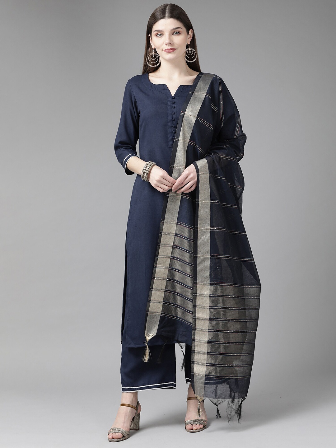 

Indo Era Navy Blue & Gold-Toned Striped Dupatta with Zari