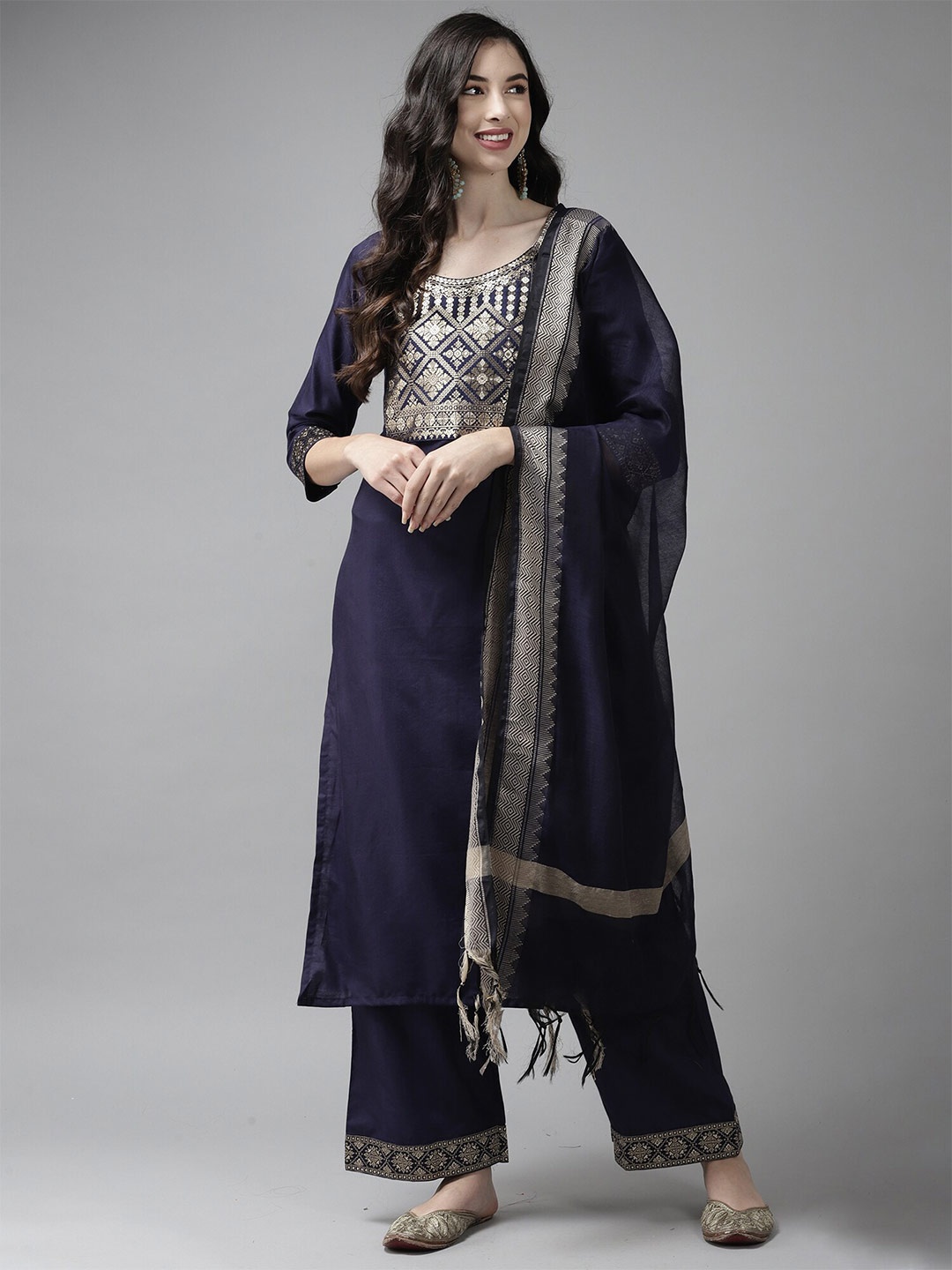 

Indo Era Navy Blue & Gold-Toned Woven Design Dupatta with Zari