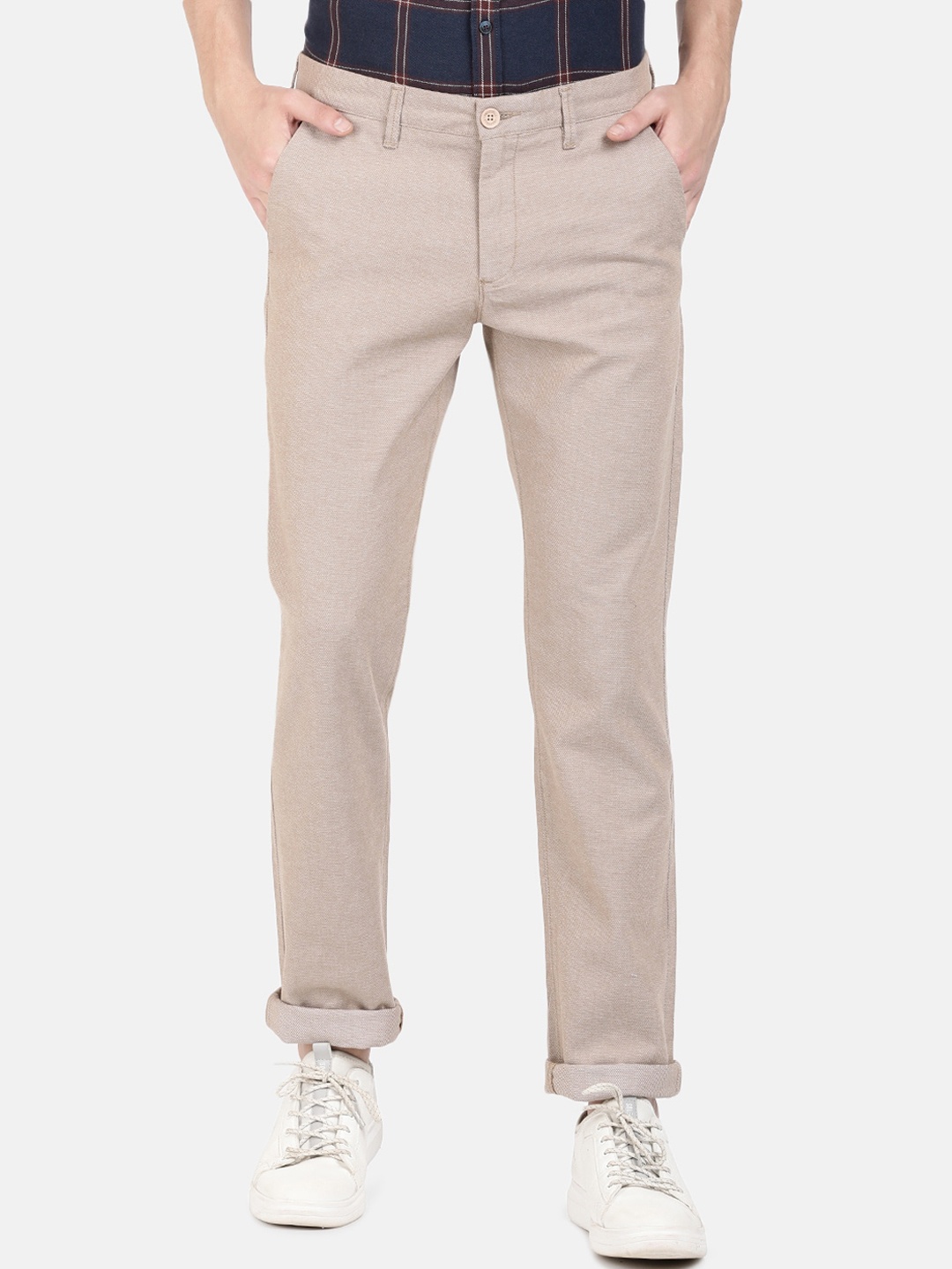 

Crocodile Men Cream Textured Smart Cotton Slim Fit Trousers