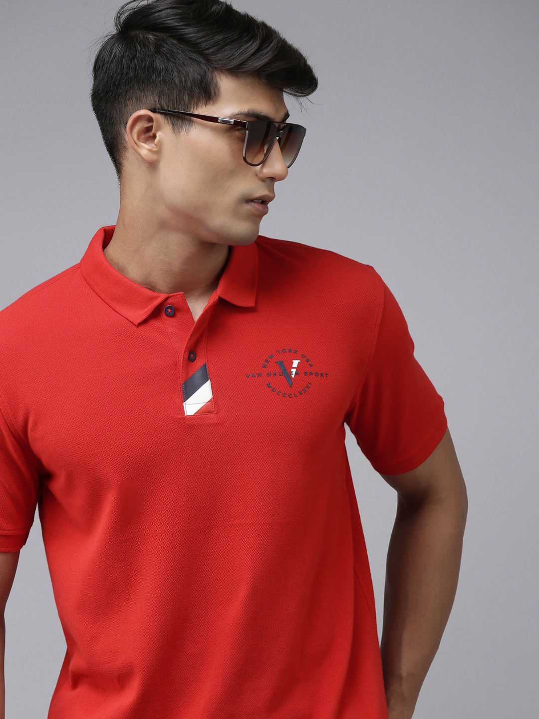 

Van Heusen Sport Men Red Self Design Pure Cotton Applique Polo T-shirt