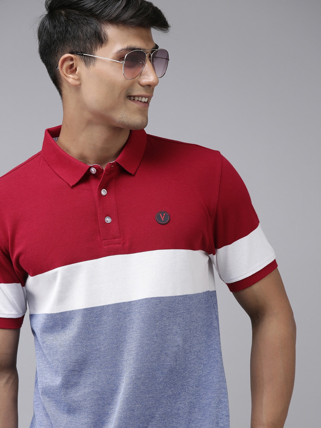 

Van Heusen Sport Men Red & Grey Colourblocked Polo Collar Pure Cotton T-shirt