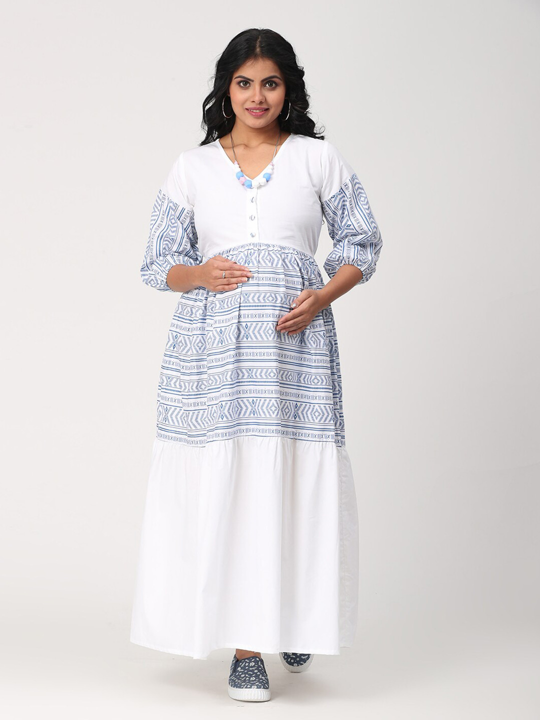 

CHARISMOMIC Women White Ethnic Motifs Printed Maternity Maxi Dress